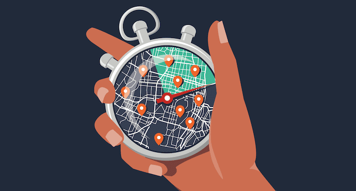 illustration of a hand holding a compass; the compass face has a map with location pins and a sector of the map is highlighted